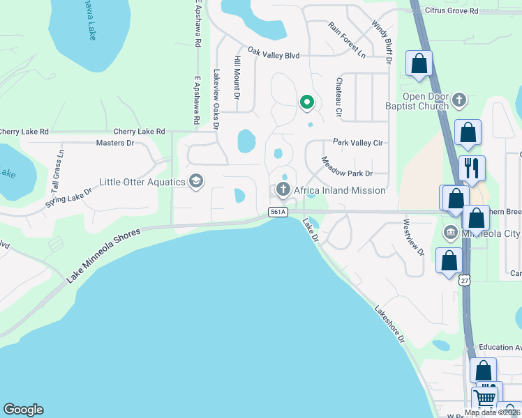 map of restaurants, bars, coffee shops, grocery stores, and more near 16706 Tequesta Trail in Clermont