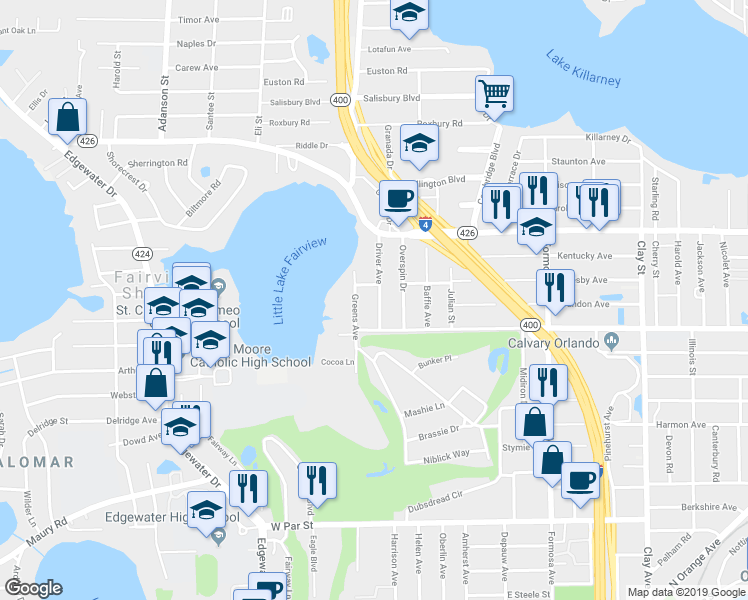 map of restaurants, bars, coffee shops, grocery stores, and more near 840 Greens Avenue in Winter Park