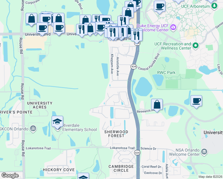 map of restaurants, bars, coffee shops, grocery stores, and more near 12032 Walden Woods Drive in Orlando