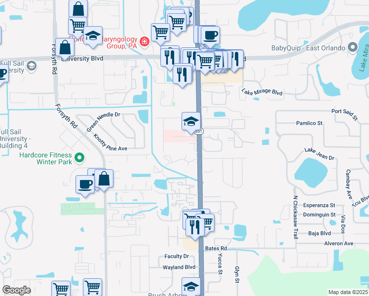 map of restaurants, bars, coffee shops, grocery stores, and more near 5500 Solidago Drive in Winter Park