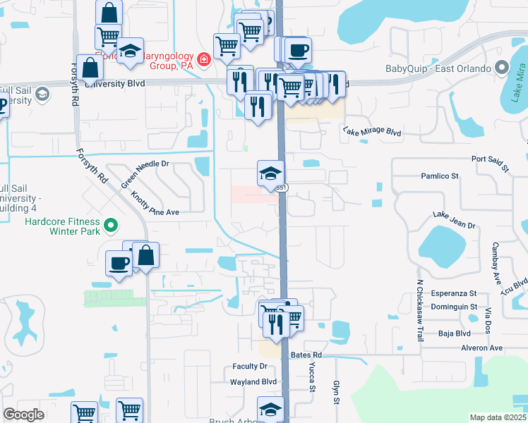 map of restaurants, bars, coffee shops, grocery stores, and more near 5500 Solidago Drive in Winter Park