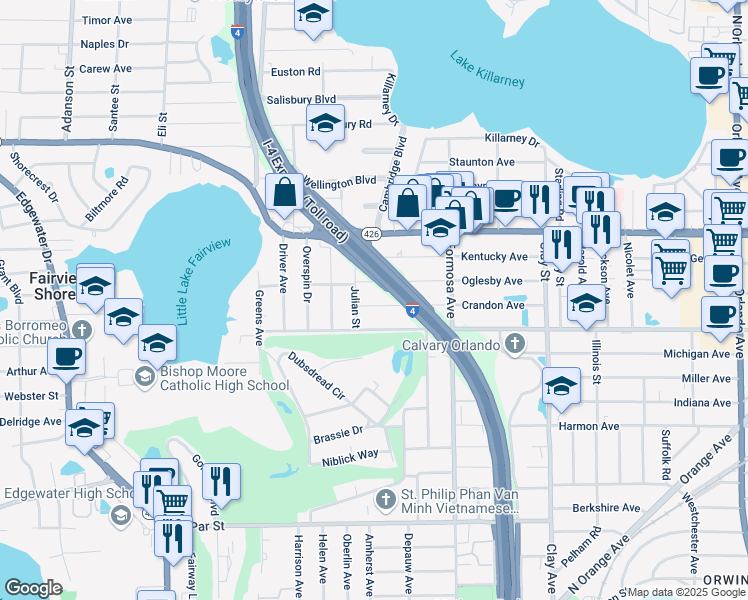 map of restaurants, bars, coffee shops, grocery stores, and more near 2184 Crandon Avenue in Winter Park