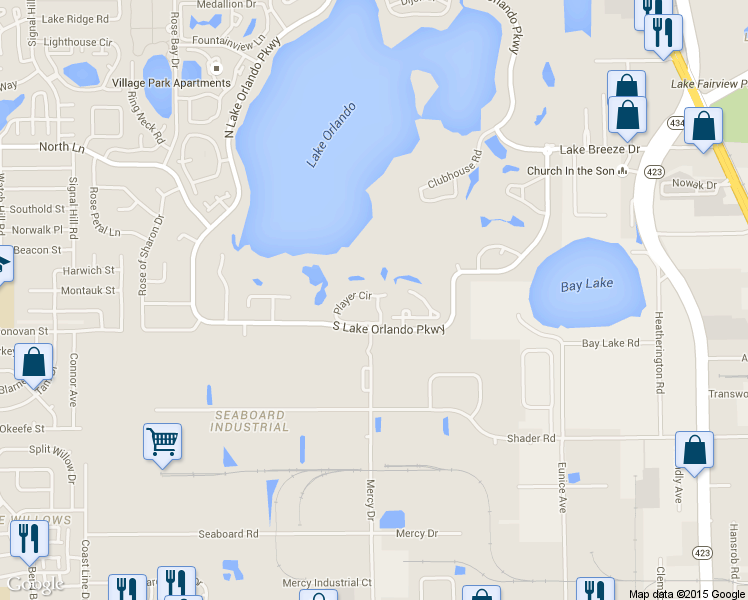 map of restaurants, bars, coffee shops, grocery stores, and more near 4130 Player Circle in Orlando