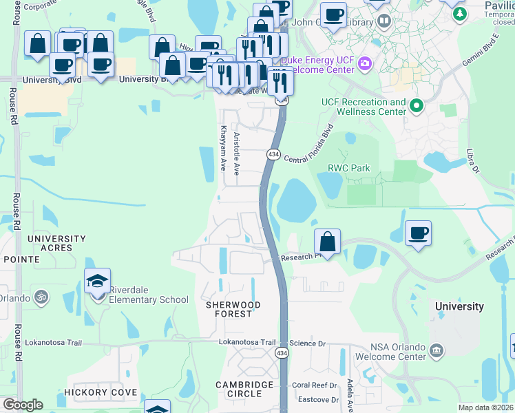 map of restaurants, bars, coffee shops, grocery stores, and more near 12144 Walden Woods Drive in Orlando