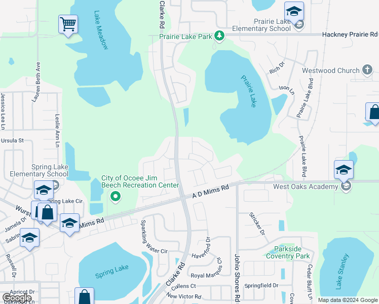 map of restaurants, bars, coffee shops, grocery stores, and more near 1460 Groundsel Lane in Ocoee
