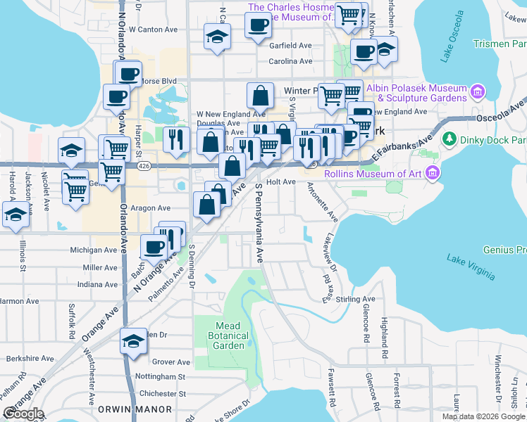 map of restaurants, bars, coffee shops, grocery stores, and more near 597 Huntington Avenue in Winter Park
