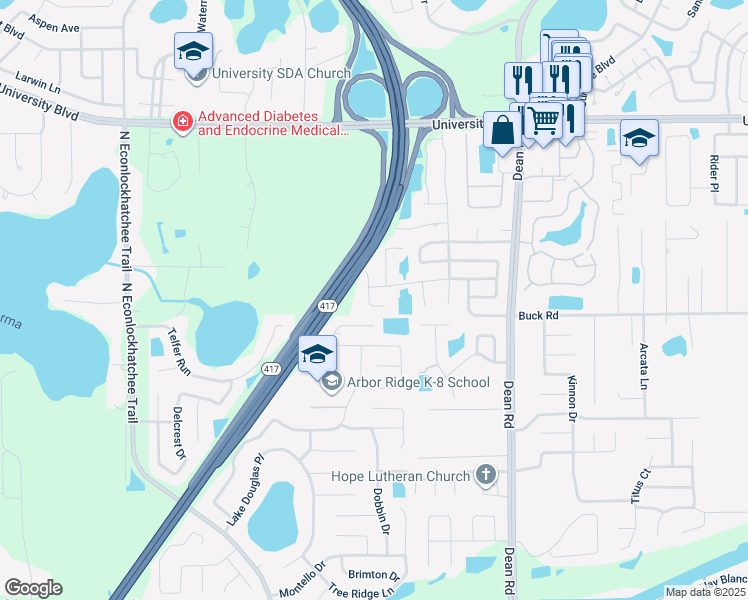 map of restaurants, bars, coffee shops, grocery stores, and more near 9500 Lingwood Trail in Orlando