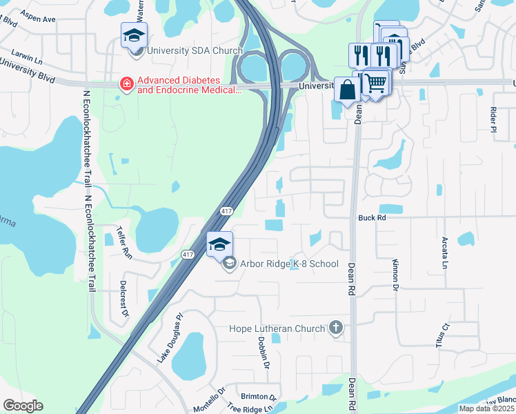 map of restaurants, bars, coffee shops, grocery stores, and more near 9500 Lingwood Trail in Orlando