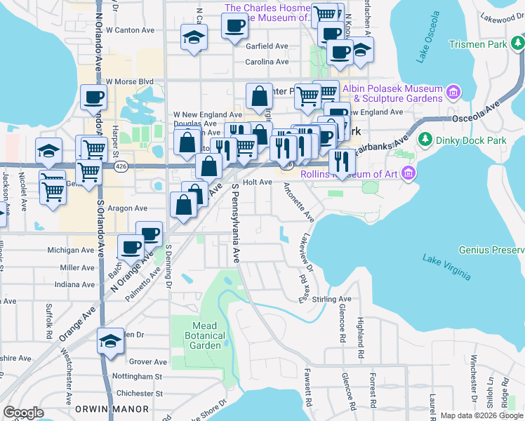 map of restaurants, bars, coffee shops, grocery stores, and more near 528 Huntington Avenue in Winter Park