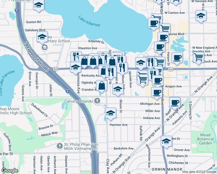 map of restaurants, bars, coffee shops, grocery stores, and more near 839 Clay Street in Winter Park