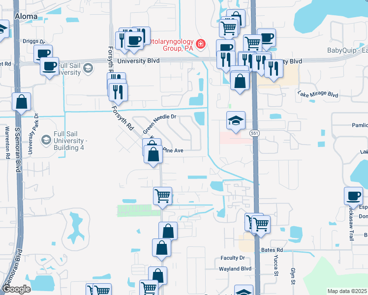 map of restaurants, bars, coffee shops, grocery stores, and more near 3121 Dwarf Pine Avenue in Winter Park