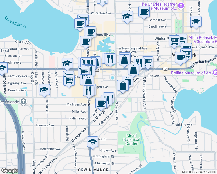 map of restaurants, bars, coffee shops, grocery stores, and more near 930 South Kentucky Avenue in Winter Park