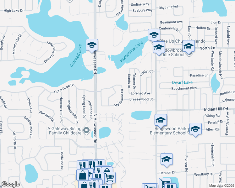 map of restaurants, bars, coffee shops, grocery stores, and more near 6528 Meritmoor Circle in Orlando