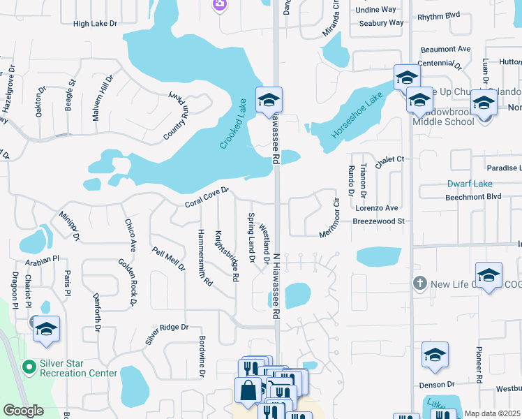 map of restaurants, bars, coffee shops, grocery stores, and more near 3727 Spring Land Drive in Orlando