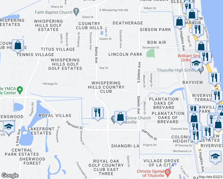 map of restaurants, bars, coffee shops, grocery stores, and more near 1395 Country Club Boulevard in Titusville