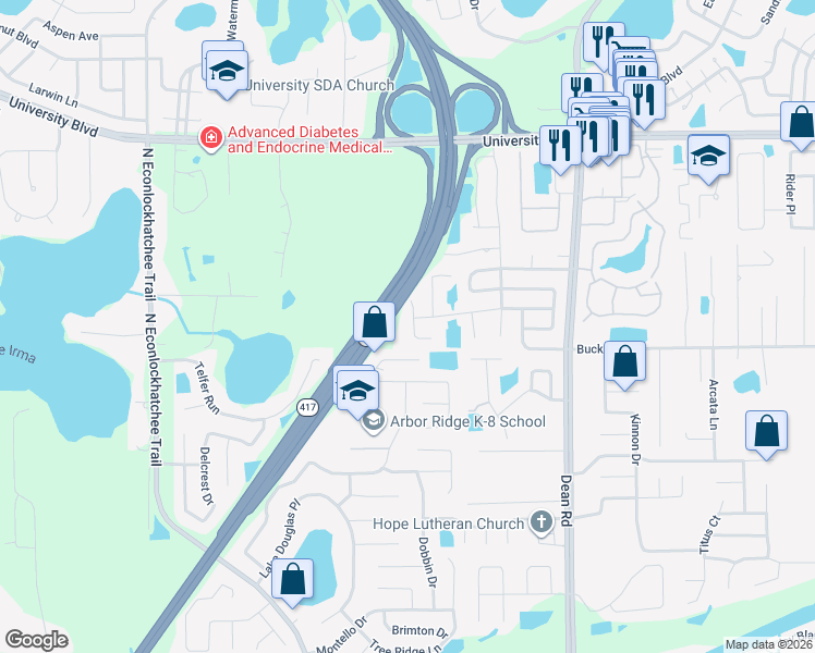 map of restaurants, bars, coffee shops, grocery stores, and more near 3638 Daventry Road in Orlando