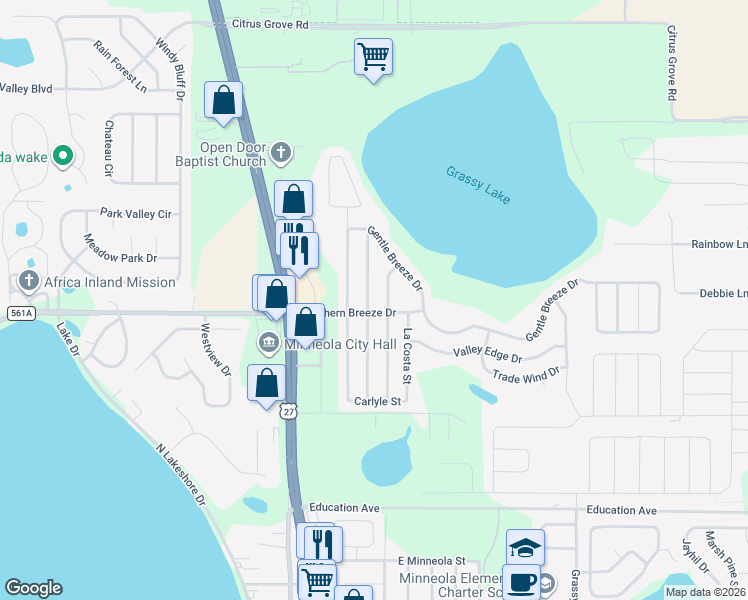 map of restaurants, bars, coffee shops, grocery stores, and more near 902 Willow Run Street in Minneola