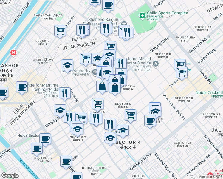 map of restaurants, bars, coffee shops, grocery stores, and more near B-120 Udhyog Marg in Noida
