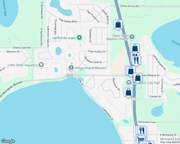 map of restaurants, bars, coffee shops, grocery stores, and more near 625 Park Valley Circle in Minneola