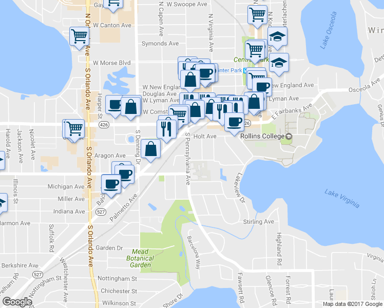 map of restaurants, bars, coffee shops, grocery stores, and more near 782 South Pennsylvania Avenue in Winter Park