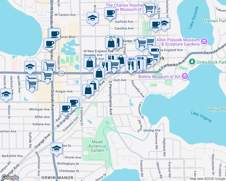 map of restaurants, bars, coffee shops, grocery stores, and more near 741 South Pennsylvania Avenue in Winter Park