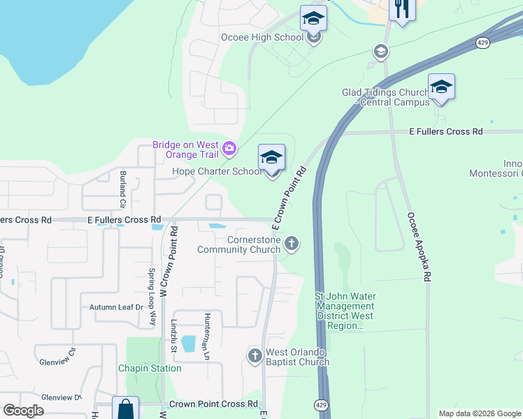 map of restaurants, bars, coffee shops, grocery stores, and more near 1325 East Fullers Cross Road in Winter Garden