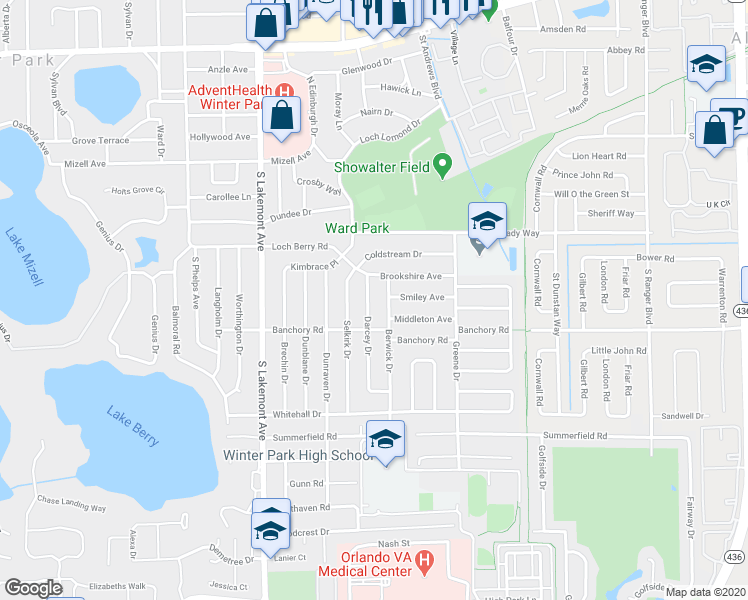 map of restaurants, bars, coffee shops, grocery stores, and more near 439 Berwick Drive in Winter Park