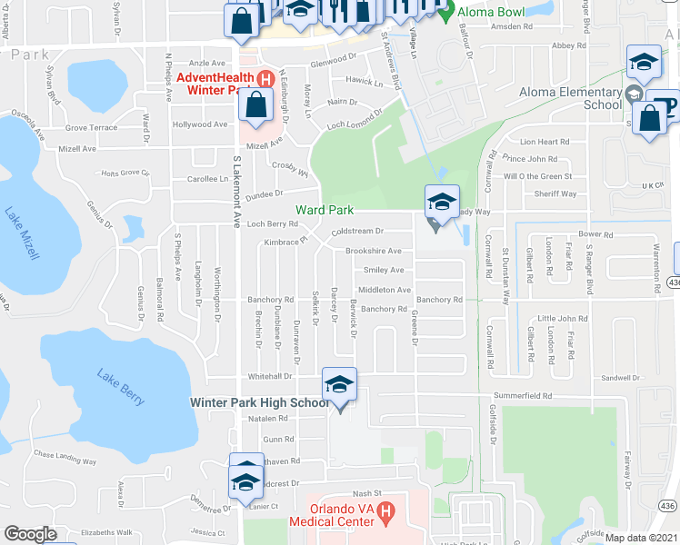 map of restaurants, bars, coffee shops, grocery stores, and more near 508 Darcey Drive in Winter Park