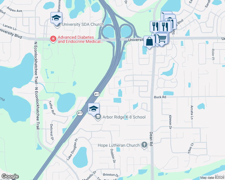 map of restaurants, bars, coffee shops, grocery stores, and more near 3700 Linsbury Street in Orlando