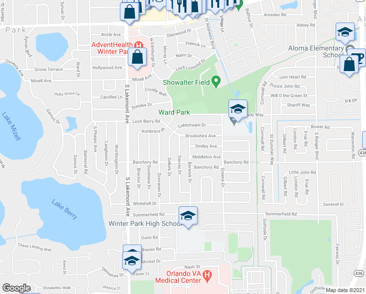 map of restaurants, bars, coffee shops, grocery stores, and more near 439 Berwick Drive in Winter Park