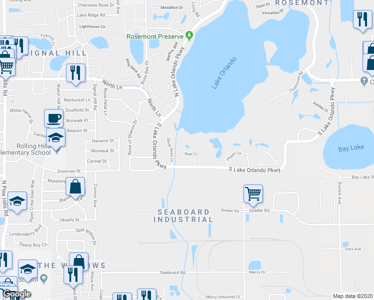 map of restaurants, bars, coffee shops, grocery stores, and more near 4469 Real Court in Orlando