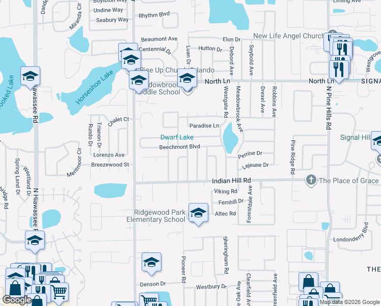 map of restaurants, bars, coffee shops, grocery stores, and more near 5949 Beechmont Boulevard in Orlando