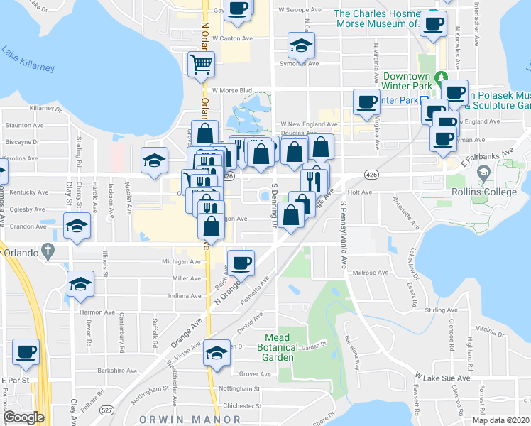 map of restaurants, bars, coffee shops, grocery stores, and more near 930 South Kentucky Avenue in Winter Park