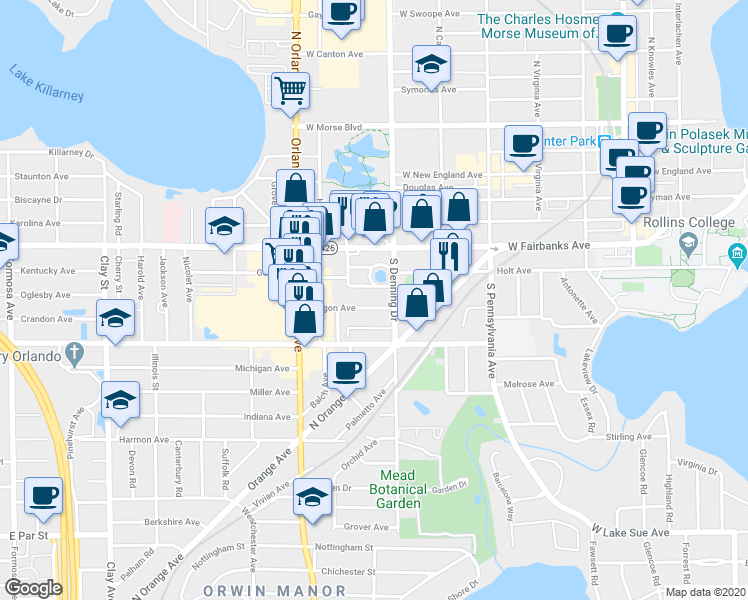 map of restaurants, bars, coffee shops, grocery stores, and more near 930 South Kentucky Avenue in Winter Park