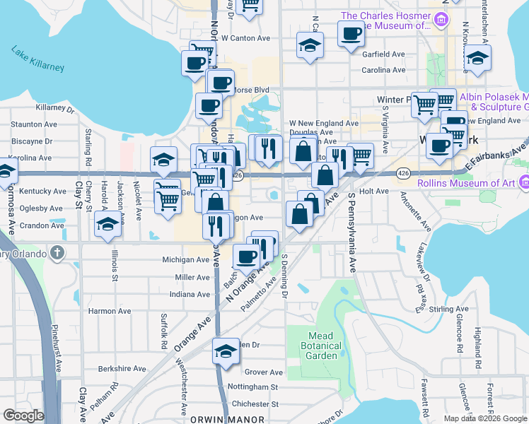 map of restaurants, bars, coffee shops, grocery stores, and more near 930 South Kentucky Avenue in Winter Park