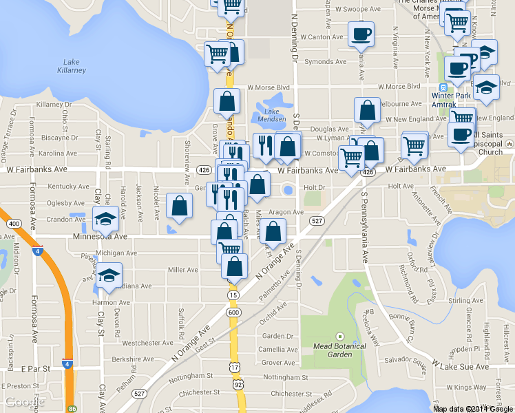map of restaurants, bars, coffee shops, grocery stores, and more near 1044 South Kentucky Avenue in Winter Park