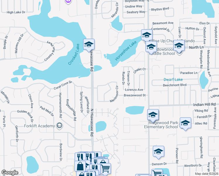 map of restaurants, bars, coffee shops, grocery stores, and more near 6574 Meritmoor Circle in Orlando