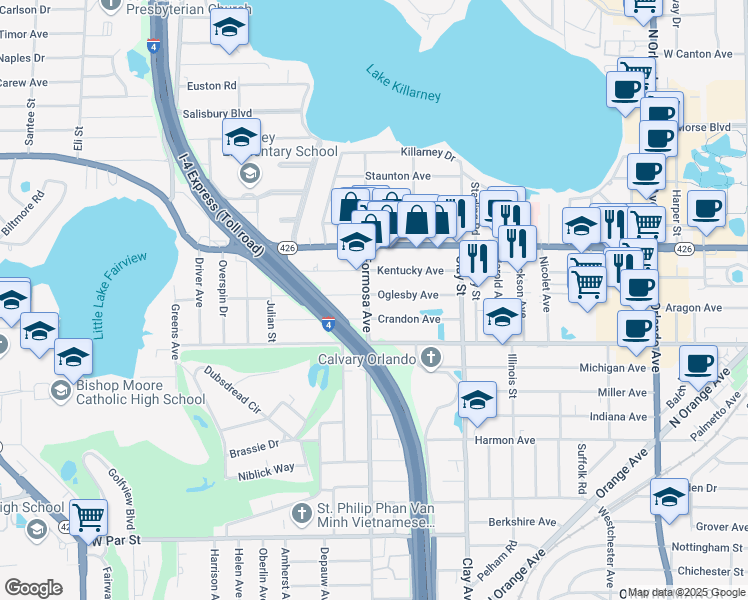 map of restaurants, bars, coffee shops, grocery stores, and more near 2005 Oglesby Avenue in Winter Park