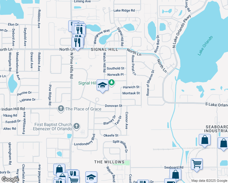 map of restaurants, bars, coffee shops, grocery stores, and more near 4813 Montauk Street in Orlando