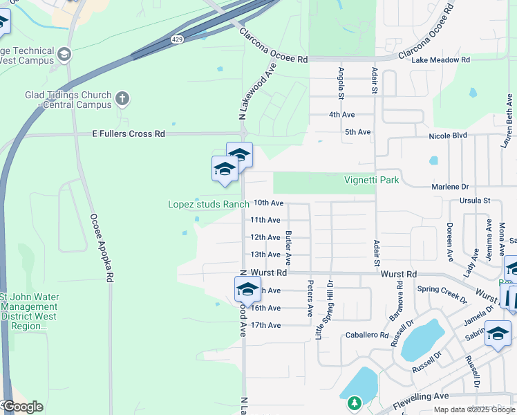 map of restaurants, bars, coffee shops, grocery stores, and more near 119 10th Avenue in Ocoee