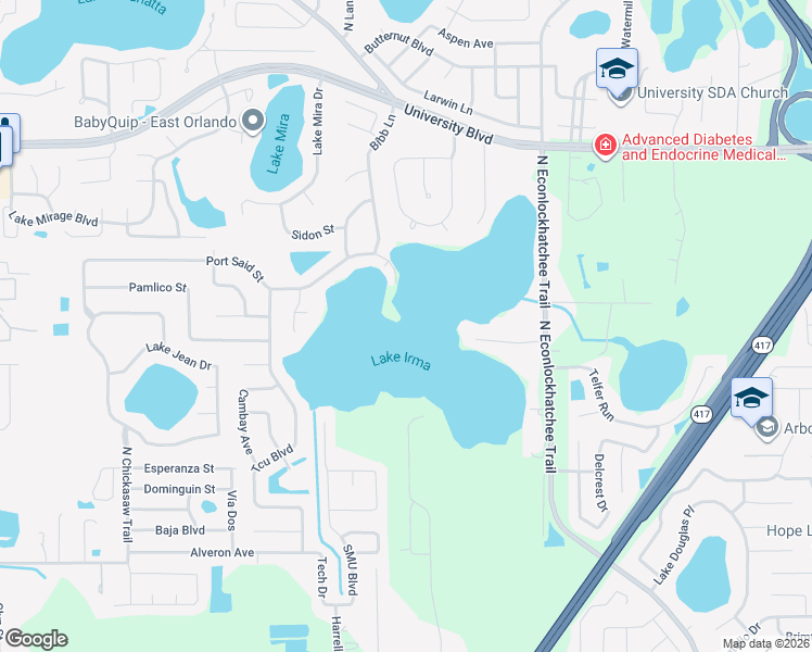 map of restaurants, bars, coffee shops, grocery stores, and more near 3800 Bibb Lane in Orlando
