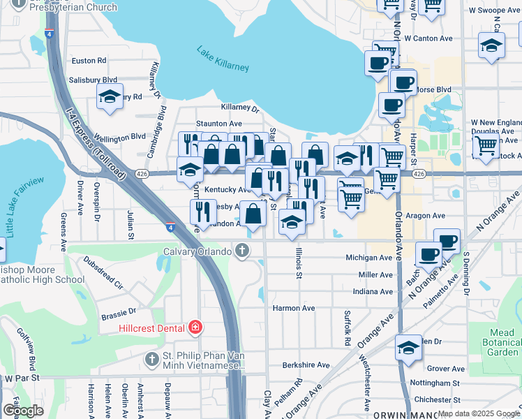 map of restaurants, bars, coffee shops, grocery stores, and more near 741 Clay Street in Winter Park