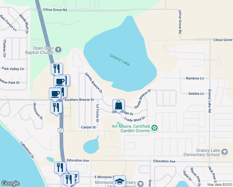map of restaurants, bars, coffee shops, grocery stores, and more near 247 Gentle Breeze Drive in Minneola