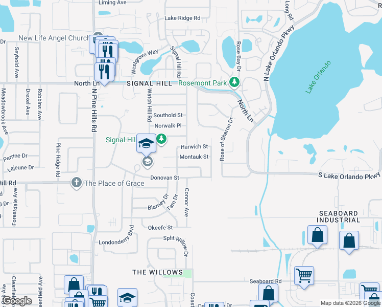 map of restaurants, bars, coffee shops, grocery stores, and more near 4710 Harwich Street in Orlando