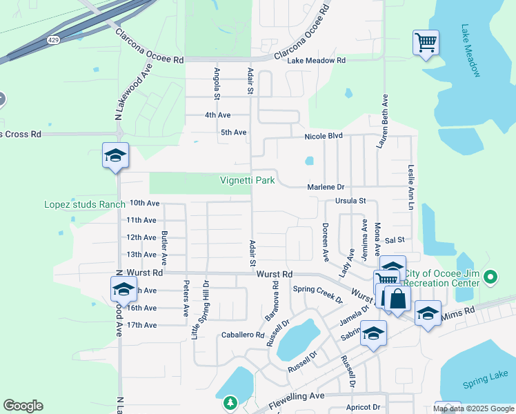 map of restaurants, bars, coffee shops, grocery stores, and more near 1805 Adair Street in Ocoee