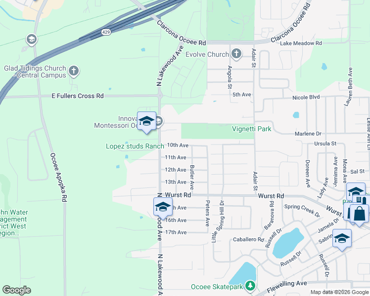 map of restaurants, bars, coffee shops, grocery stores, and more near 235 10th Avenue in Ocoee