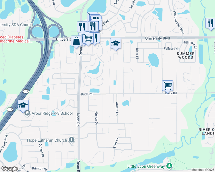 map of restaurants, bars, coffee shops, grocery stores, and more near 10142 Eastern Lake Avenue in Orlando