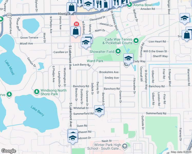 map of restaurants, bars, coffee shops, grocery stores, and more near 436 Selkirk Drive in Winter Park