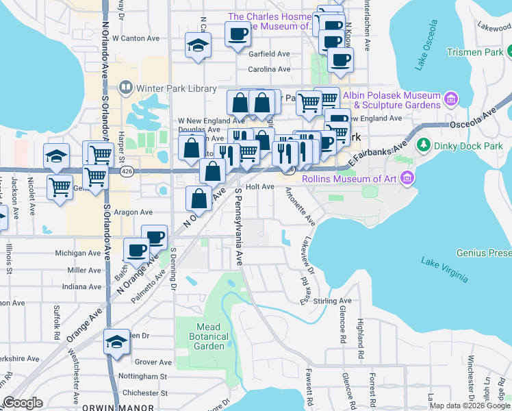 map of restaurants, bars, coffee shops, grocery stores, and more near 766 McIntyre Avenue in Winter Park