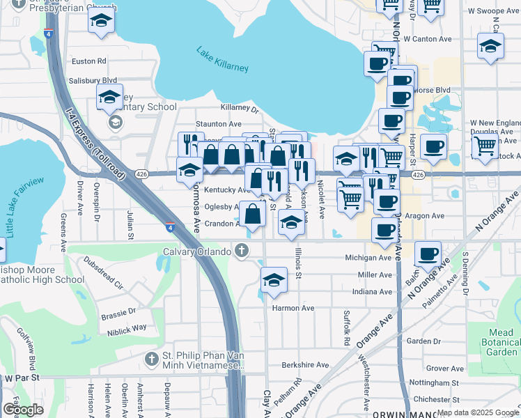 map of restaurants, bars, coffee shops, grocery stores, and more near 713 Clay Street in Winter Park